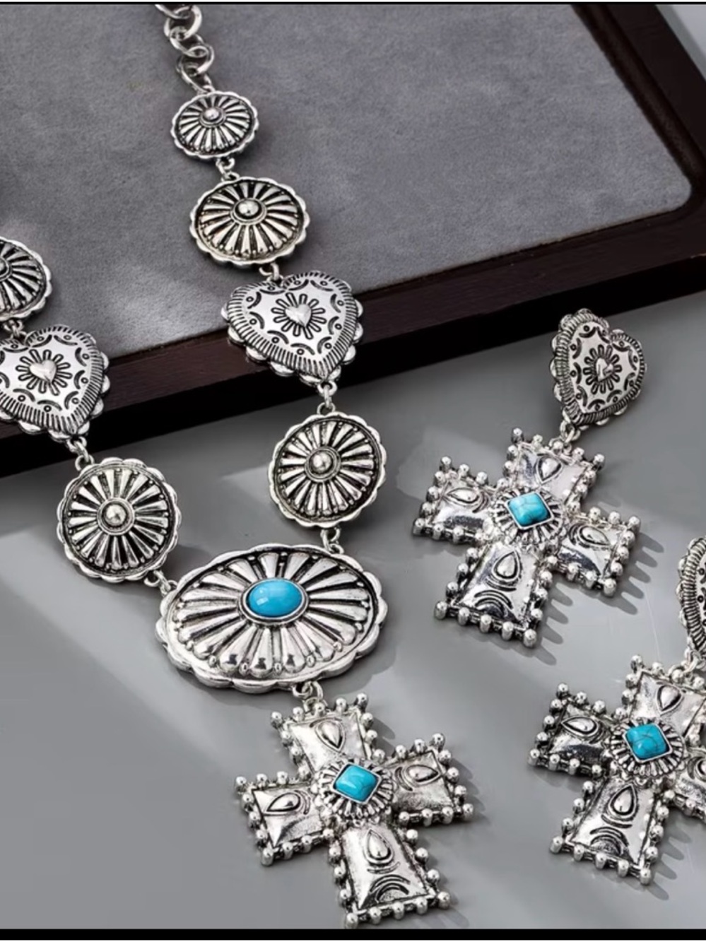 Southwestern Silver Cross Necklace & Earrings Set -Concho style with Turquoise